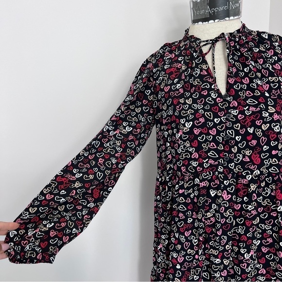 LOFT Black Multi-Color Hearts Print Long Sleeve Shirt Dress size XS - Picture 2 of 10
